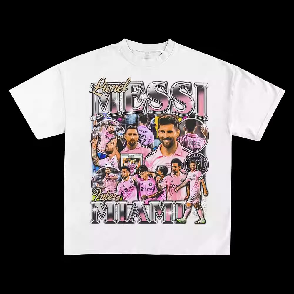 Tribute To Messi Football American Retro Heavy Figure Print High Street Round Neck Short Sleeve Men and Women of The Same Style