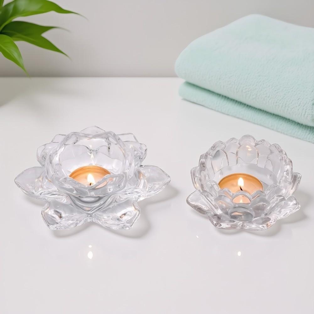 2Pcs Elegant Chinese Glass Lotus Candle Holder Creative Simple Candles Stand Home Decor