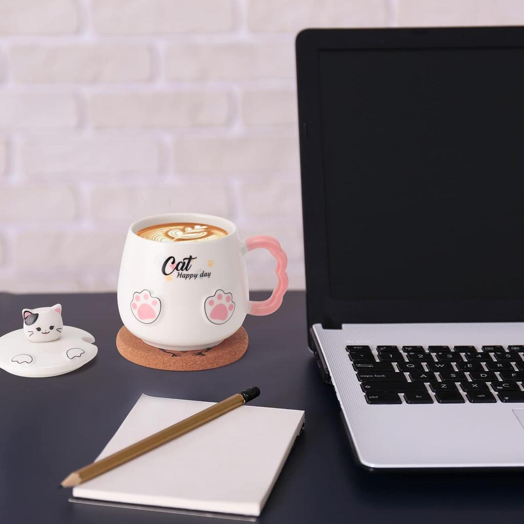 Кружка с крышкой и керамическим котом, кофе, милый кот, подарок на день рождения, ложка, чашка, чашка/кружка, (белый) (белый)