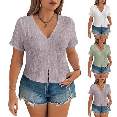 Футболки для женщин, плиссированные, с R-образным вырезом, нарядные, повседневные, блузки с принтом, короткие рукава, летние топы, свободный крой