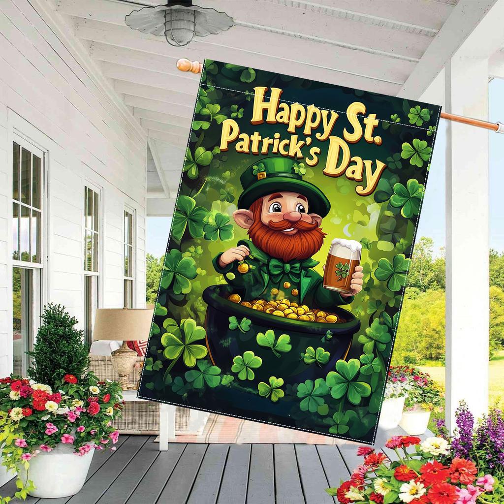 1pc, St. Patrick's Day Clover Gold Coin Beer and Irishdouble-sided garden flag yard decoration, lawn decoration, outdoor decoration, flag only