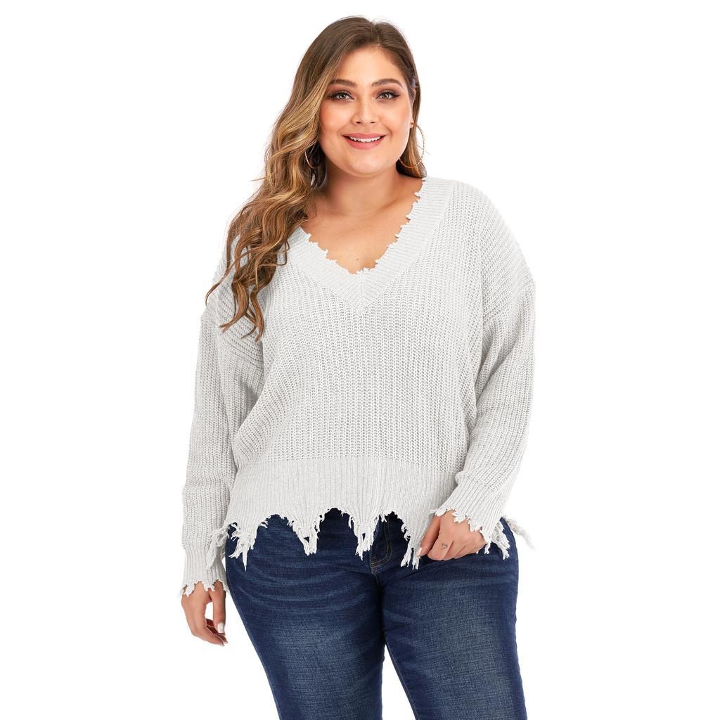 Women's Autumn and Winter Large Size Long Sleeve V-Neck Splicing Thickened Sweater