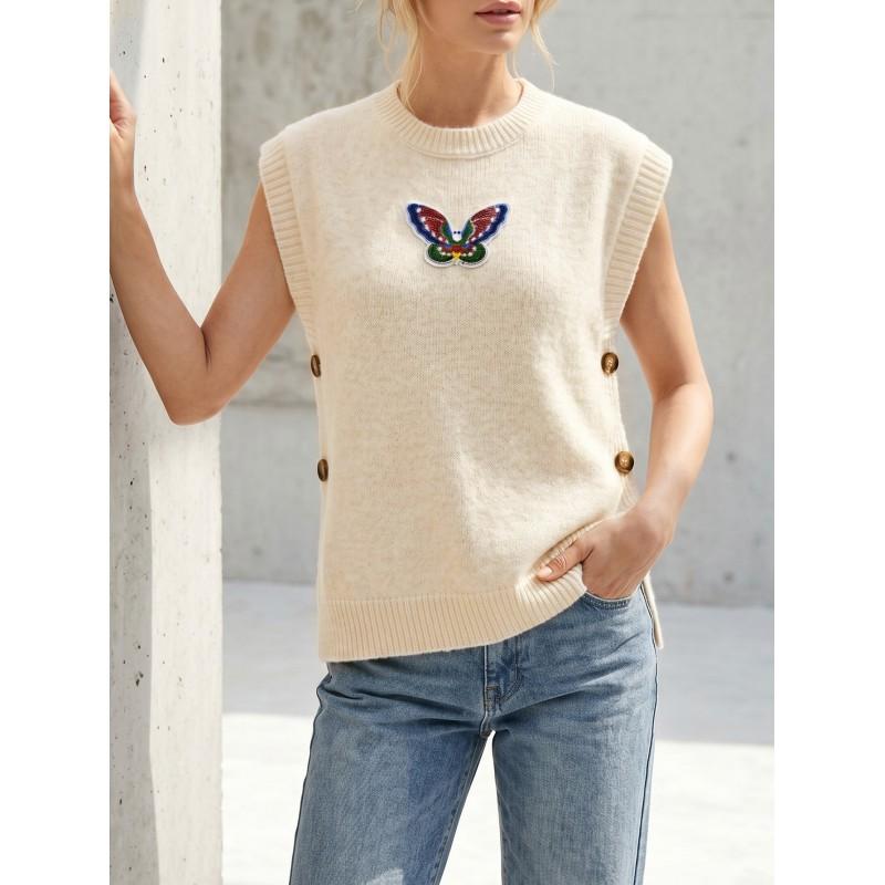 Womens Knit Vest With Sequin Butterfly Appliqu Round Neck Lightweight Casual Sleeveless Top Fall