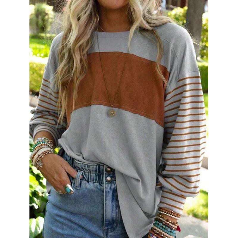 Polyester Striped Casual Long Sleeve T Shirt For Women With Color Block Design For Spring