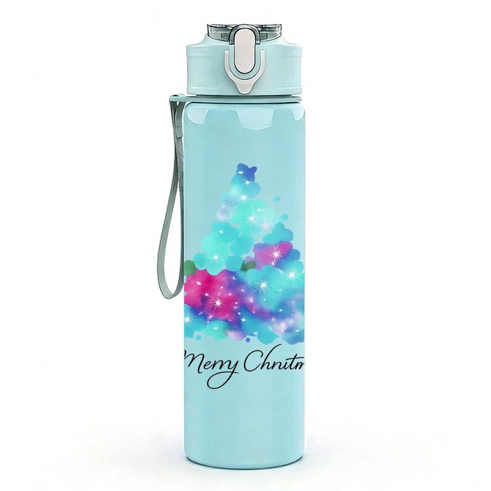 1PC Watercolor Christmas Tree Art 750ml Color Plastic Sports Water Bottle Leakproof Flip Straw Lid Suitable for Sports Office Home Use