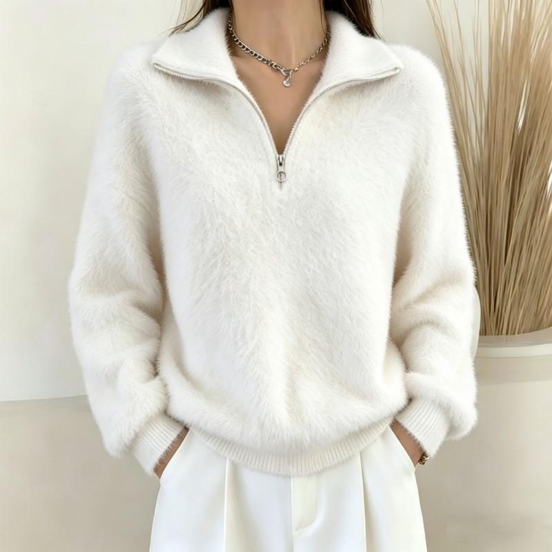 Womens Faux Mink Fur Collar Zip Pullover Sweater Loose Casual Knit Top 2026 Fall