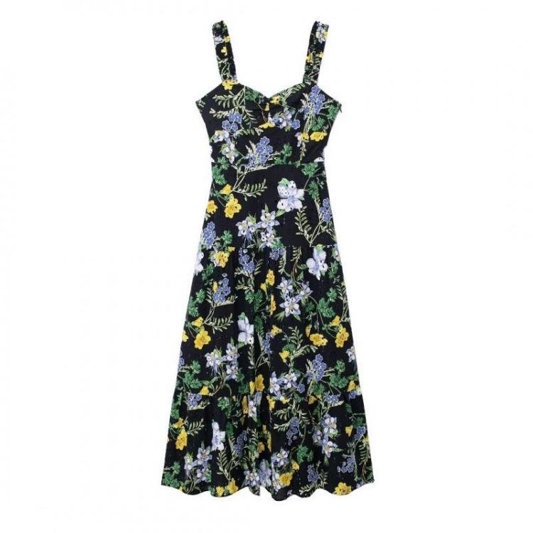 European American Women Fashion Summer Floral Print Spaghetti Straps Midi Dress