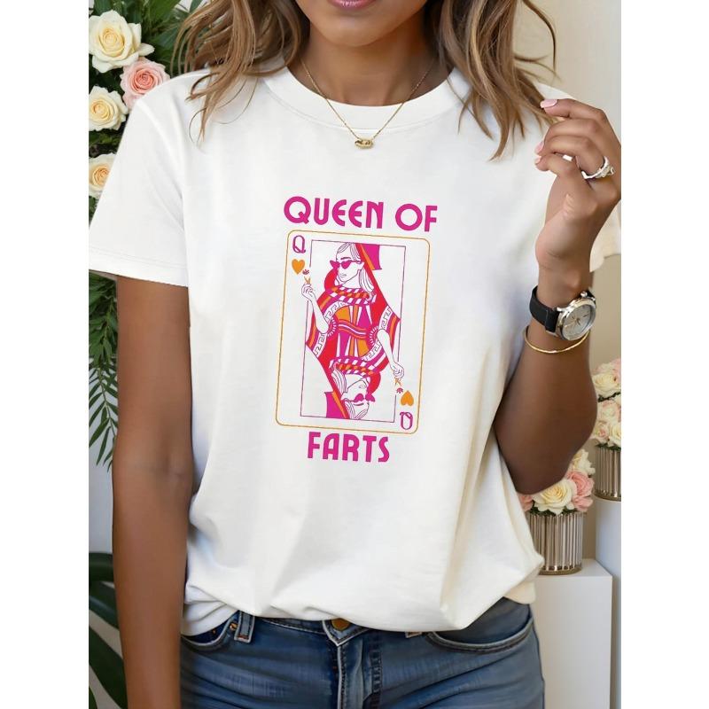 Футболка с принтом букв QUEEN OF FARTS, с коротким рукавом, круглым вырезом, повседневный топ для лета и весны, женская одежда