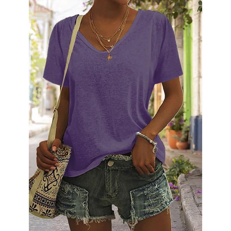 YYFS Женские модные повседневные летние весенние однотонные блузки и рубашки с v-образным вырезом и короткими рукавами с принтом