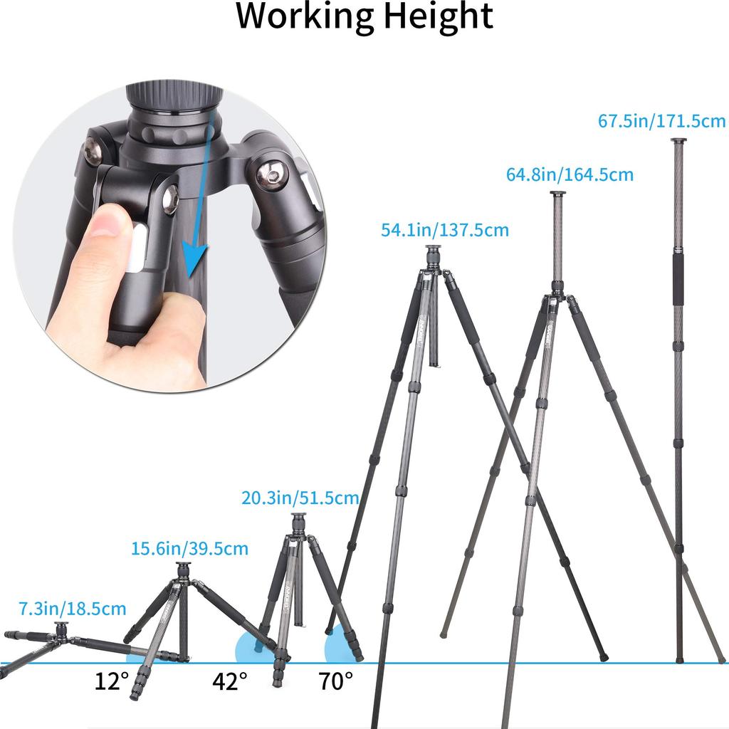INNOREL RT75C Карбоновый штатив 165СМ Дорожный штатив Профессиональный уровень Винтовой замок Лифт Грузоподъемность 20КГ Регулируемая ножка Монопод Диаметр трубы 29мм