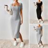 Women Summer Dress Square Neck Split Hem Knitted Elastic Skinny Solid Color Mid-calf Length Short Sleeves Lady Party Commute Midi Dress