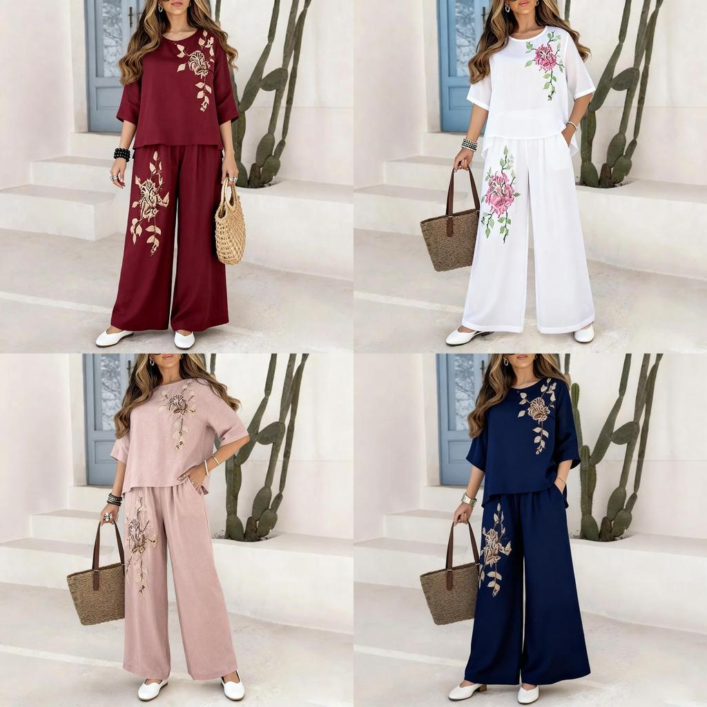 Vintage Plant Embroidery Cotton Linen Casual Pants Set For Women Summer Streetwear