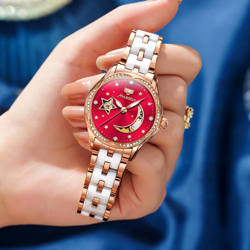 JINSHIDUN брендовые автоматические механические часы Star Moon Hollow, модные механические женские часы, женские часы