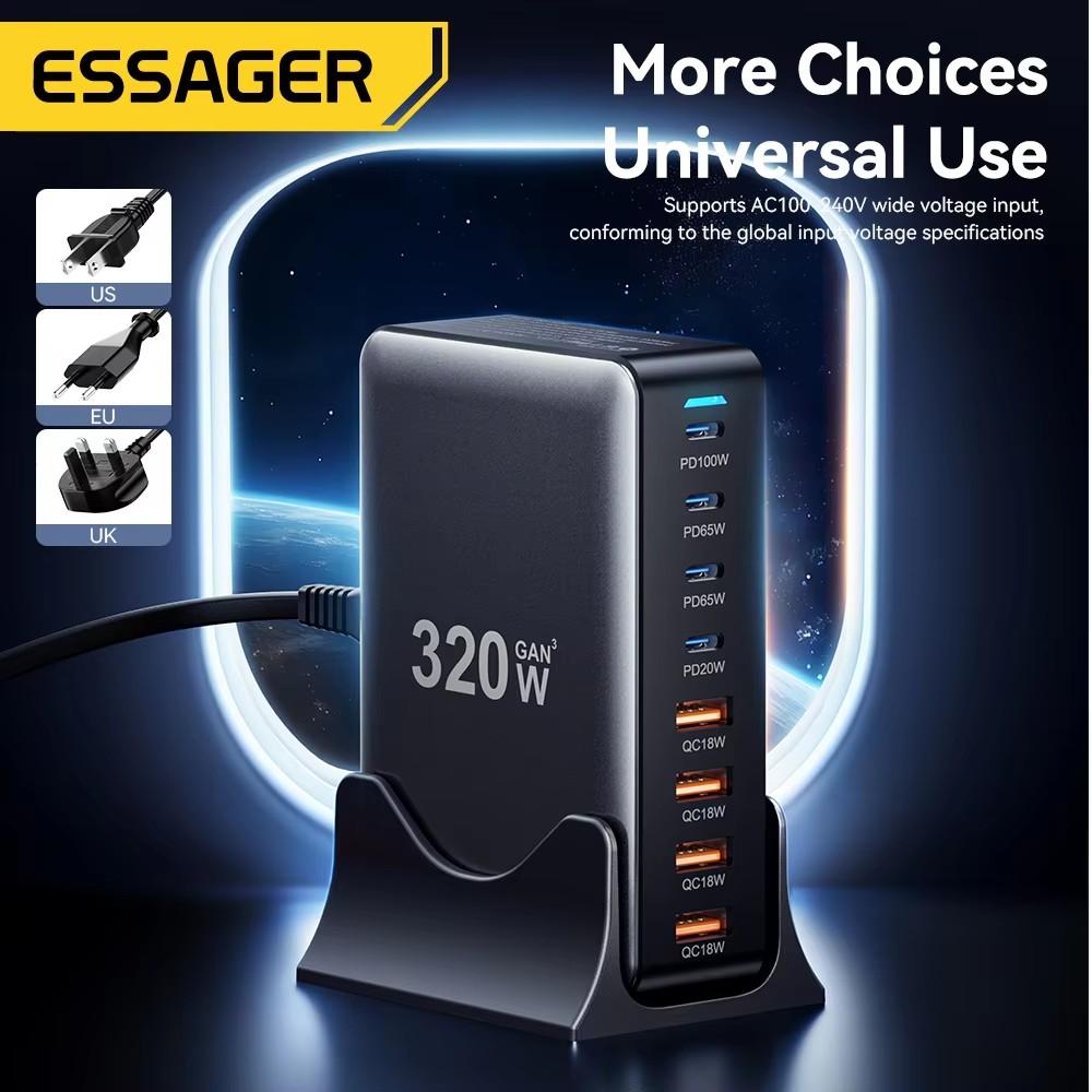 Essager 320 Вт GaN Fast Desktop 8-портовое USB Type C PD зарядное устройство Быстрая зарядка для iPhone 16 15 14 13 Huawei Samsung Xiaomi Laptop iPad