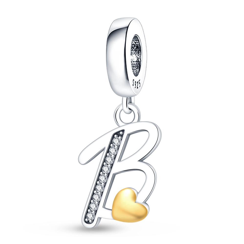 Fit 3mm 925 Bracelets 925 Silver Color 26 Gold Heart Zircon Letter Charms Beads DIY Creative Birthday Jewelry Gifts