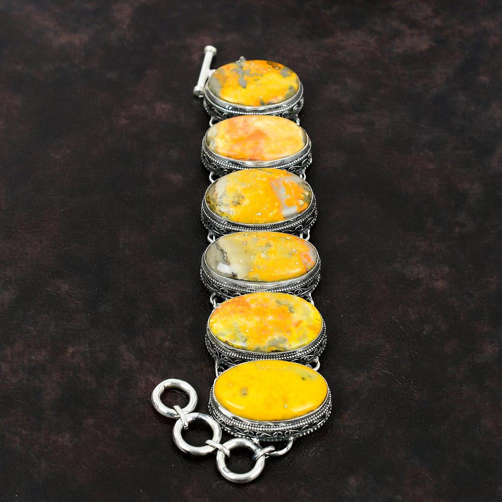 Браслет Bumble Bee Jasper Браслет из стерлингового серебра 925 пробы Браслет ручной работы из драгоценных камней Уникальные ювелирные изделия Регулируемый браслет-цепочка Винтажный браслет