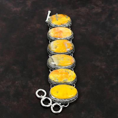 Браслет Bumble Bee Jasper Браслет из стерлингового серебра 925 пробы Браслет ручной работы из драгоценных камней Уникальные ювелирные изделия Регулируемый браслет-цепочка Винтажный браслет