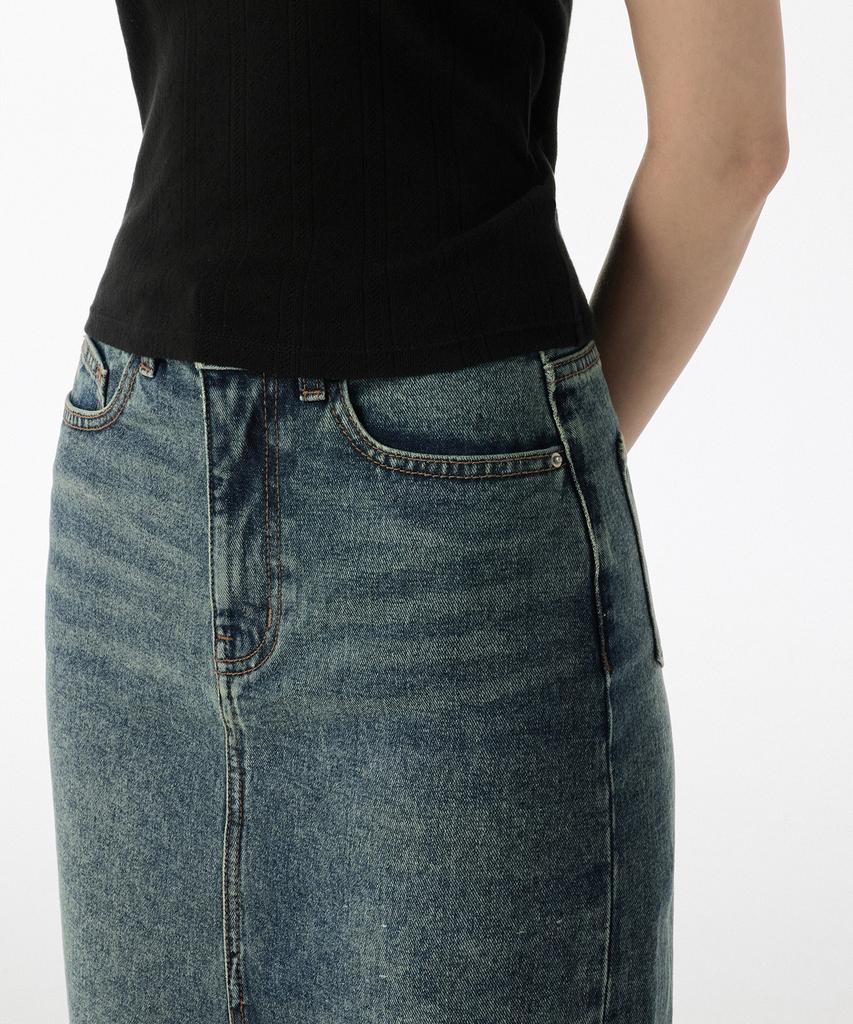 Musinsa Standard Woman Women'S Front Slit Denim Long Skirt [Rusty Blue]