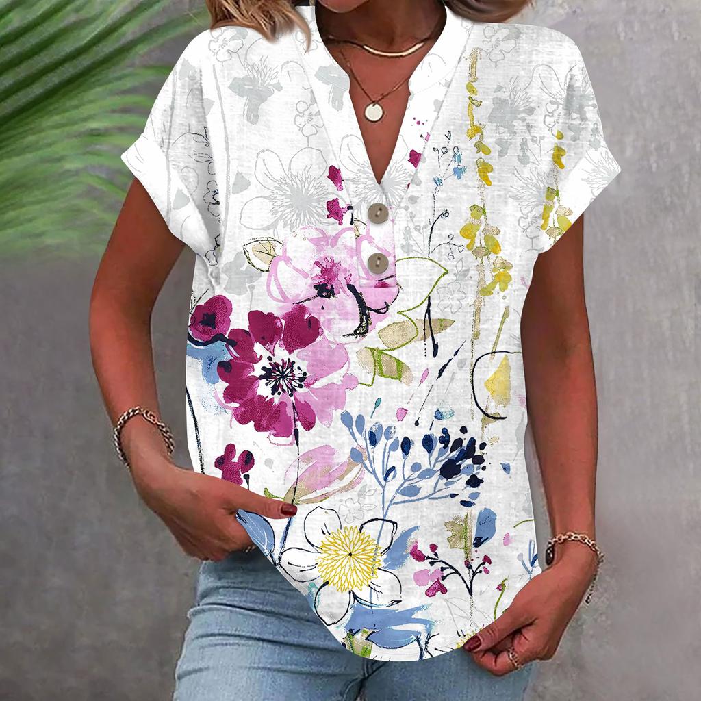 Женская модная повседневная рубашка с v-образным вырезом и коротким рукавом с принтом, футболка на пуговицах, топ