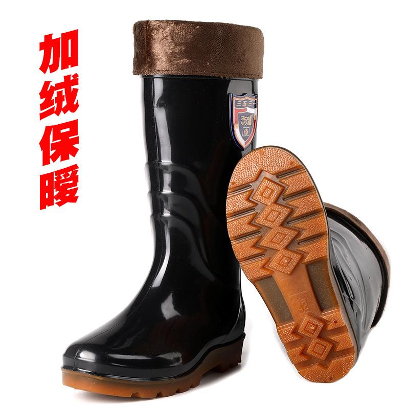 Флисовые теплые высокие резиновые сапоги-трубы мужские мохнатые высокие трехслойные дождевые ботинки с длинным голенищем водонепроницаемая обувь резиновая обувь