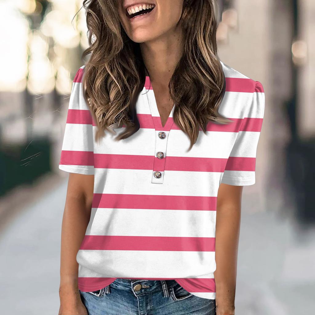 Женская модная повседневная футболка с полосатым принтом и V-образным вырезом, коротким рукавом, на пуговицах