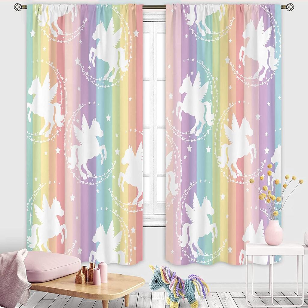 Unicorn Curtains Rainbow Bedroom Girls Decor Boys Dinosaur Curtain Colorful Cartoon Dino For Kids Safari Wildlife Window Drapes