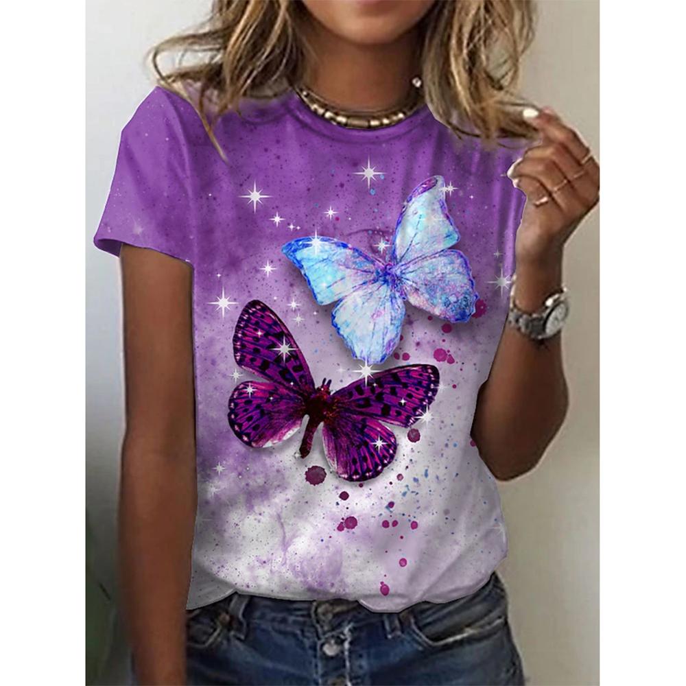 New O-neck 3d Butterfly Print T-shirt Women's Summer Fashion Short-sleeved Blouse Oversized Summer Clothing