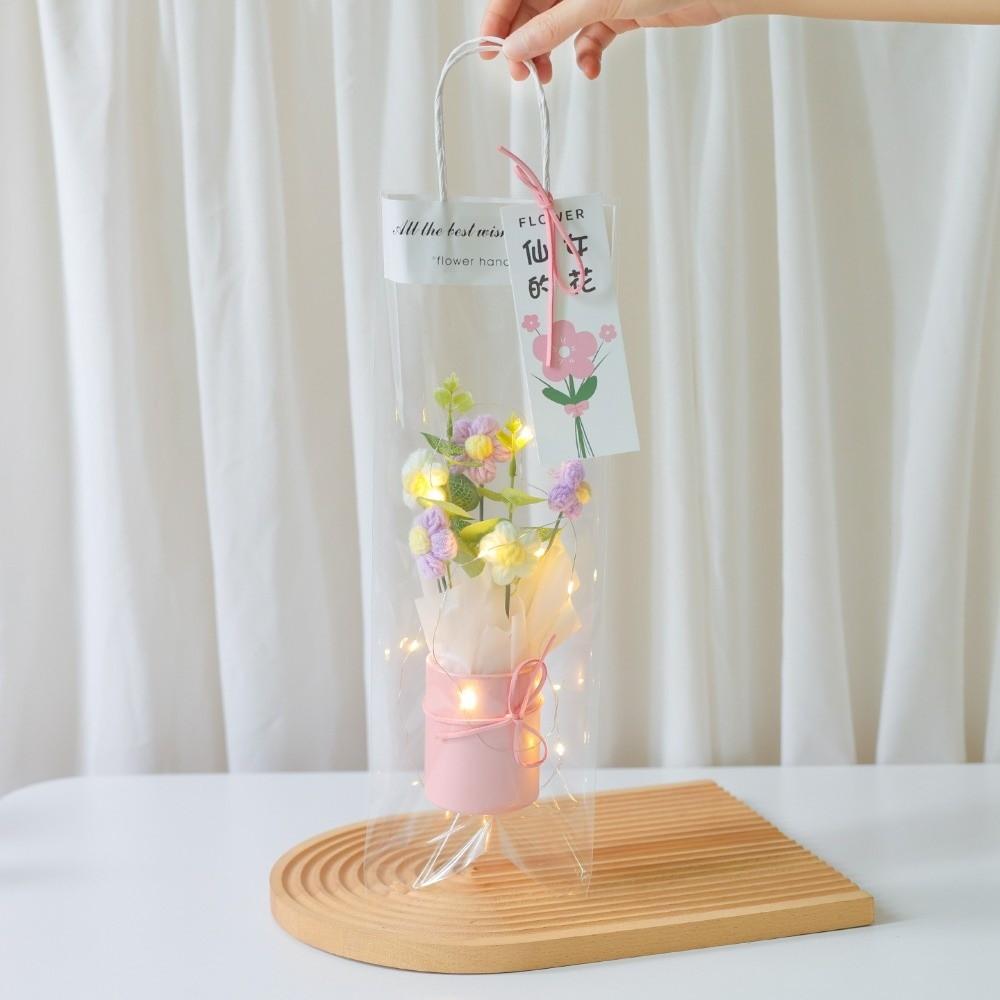 Exquisite Handmade Hand Knitted Flowers With Light String Bucket Bouquet  Home Decoration