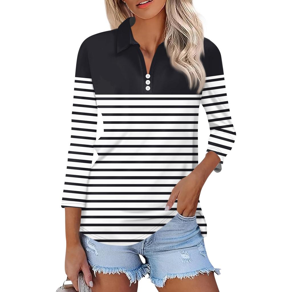 Женская модная повседневная рубашка с отворотом и рукавом 3/4 с принтом, женские топы на пуговицах с V-образным вырезом