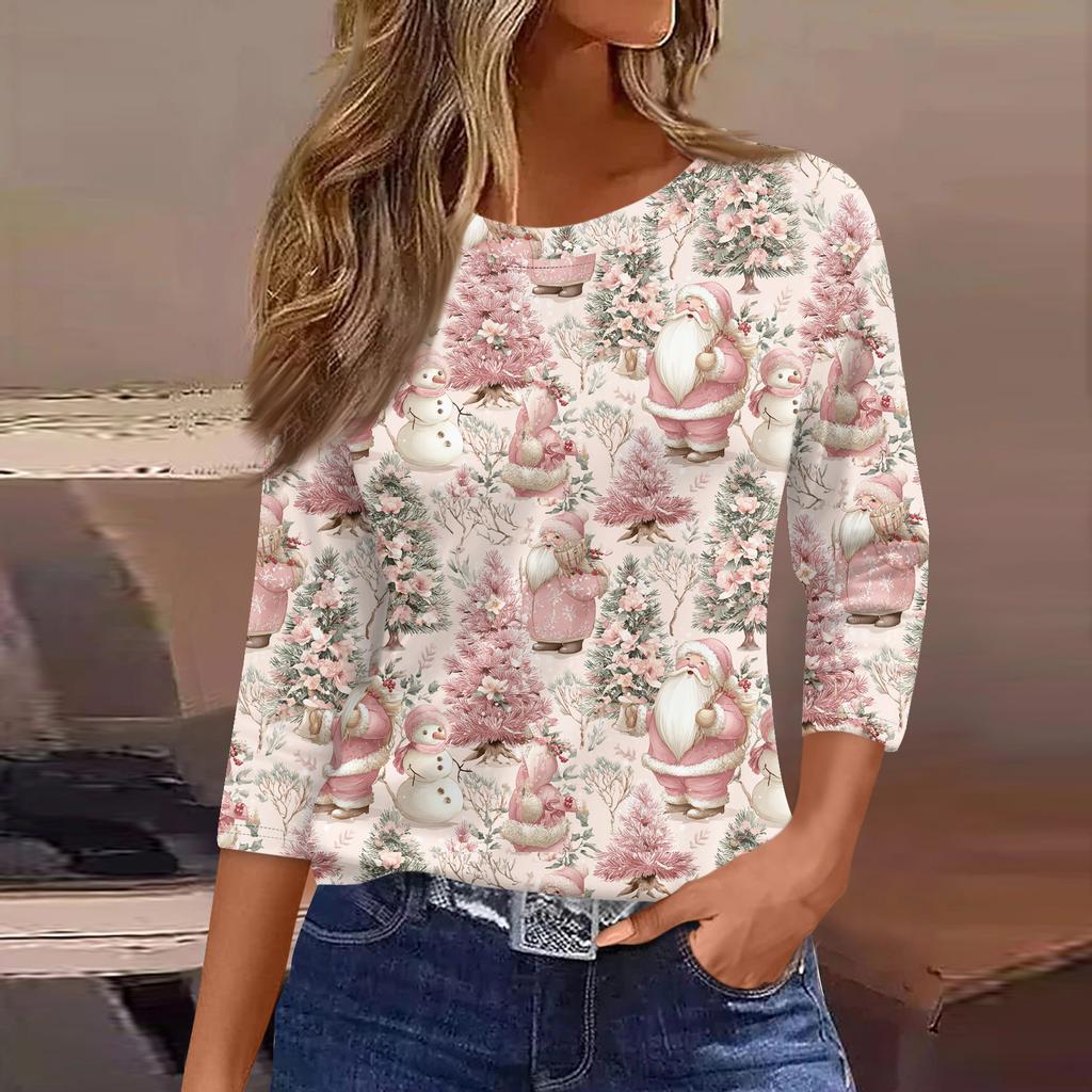 3/4 Length Sleeve Womens Tops Floral Print Vintage Fashion Casual Loose With Round Neck Plus Size Shirts