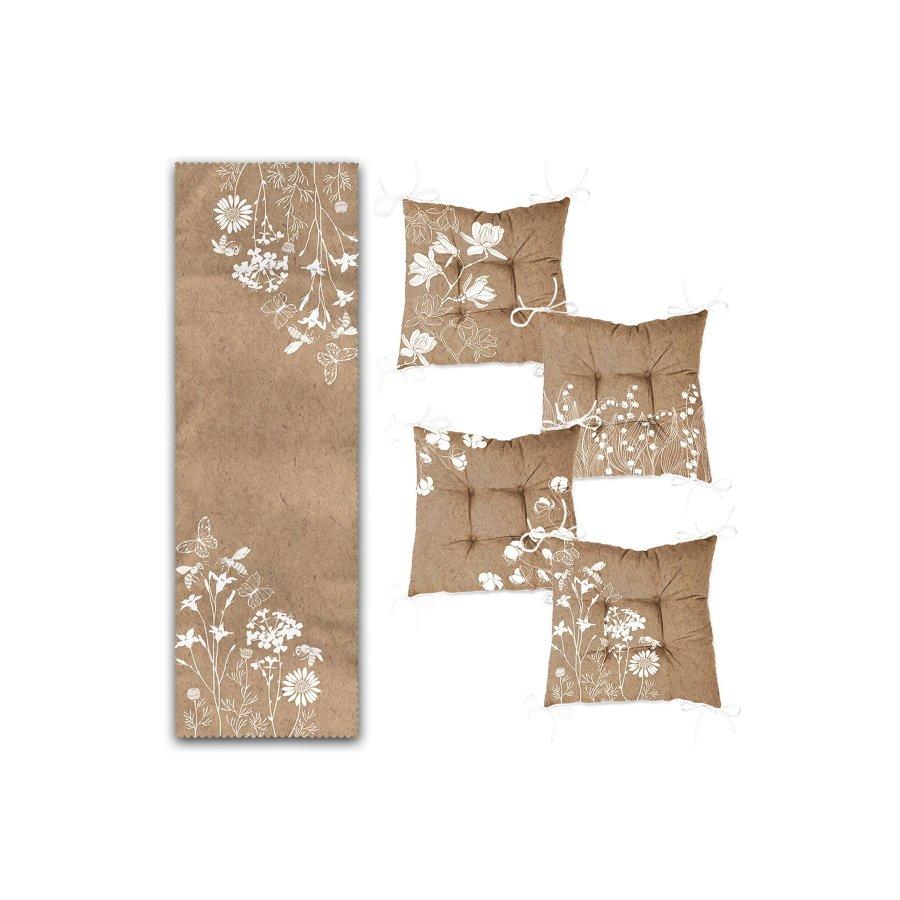 Набор подушек для стула с цветочным узором, цифровая печать / 4 квадратных подушки для стула 40 × 40 см и 1 дорожка