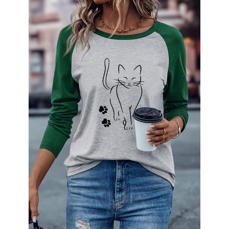 Kawaii Cat Paw Print Casual Long Sleeve T-shirt Cat Lover Shirt Winter Autumn Graphic Long Sleeved Comfortable T Shirt Woman