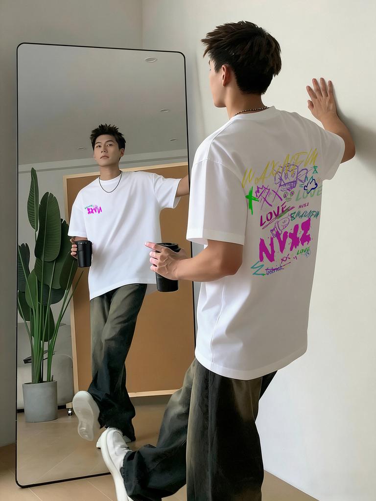 2026 Summer Colorful Graffiti Text Graphic Tshirt Unisex Cotton Loose Fit Streetwear Casual Tops For Gym Training Daily Wear