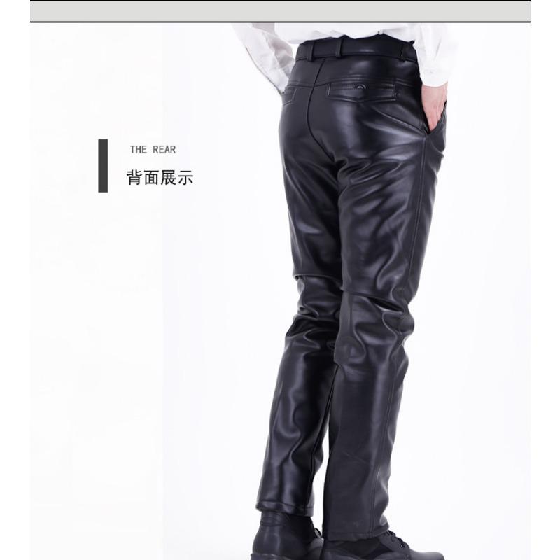 Men S Fleece Lined Thickened Pu Leather Straight Leg Casual Warm Windproof Long Pants