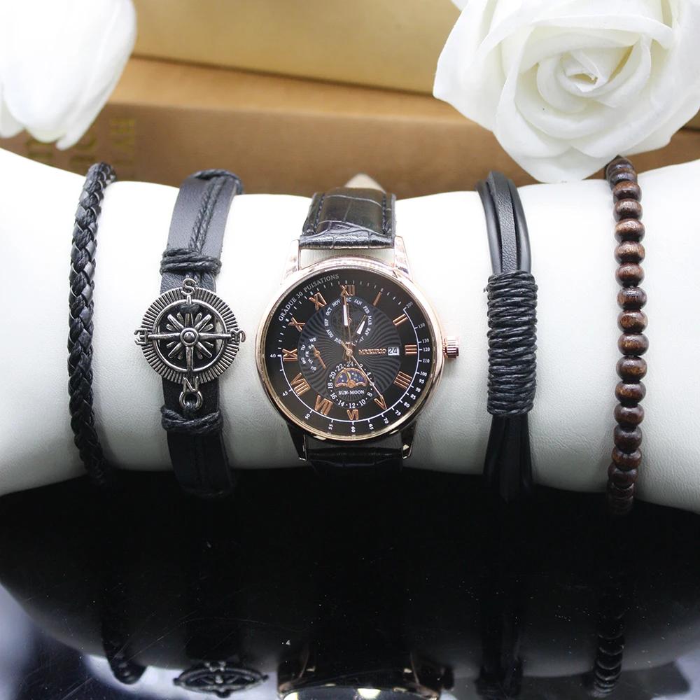 Набор из 5 предметов, роскошные мужские часы, элегантные, с двойным календарем, водонепроницаемые, с браслетом в коробке, спортивные мужские часы для движения