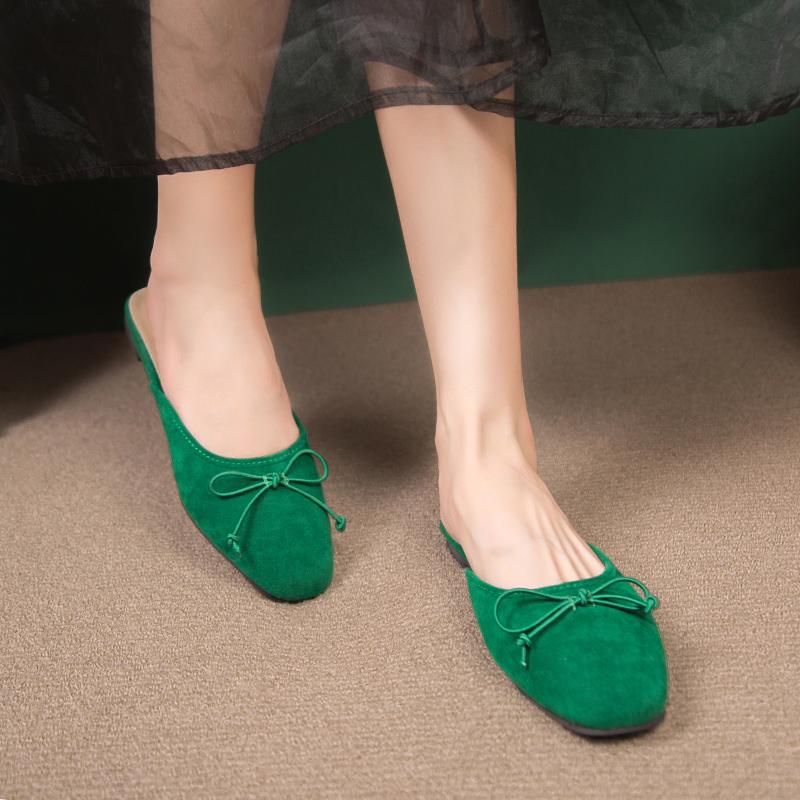 Flats Bow Sandals Summer New Fashion Women Mules Shoes Designer Suede Pointed Toe Slippers Dress Casual Slingback Zapatos Mujer