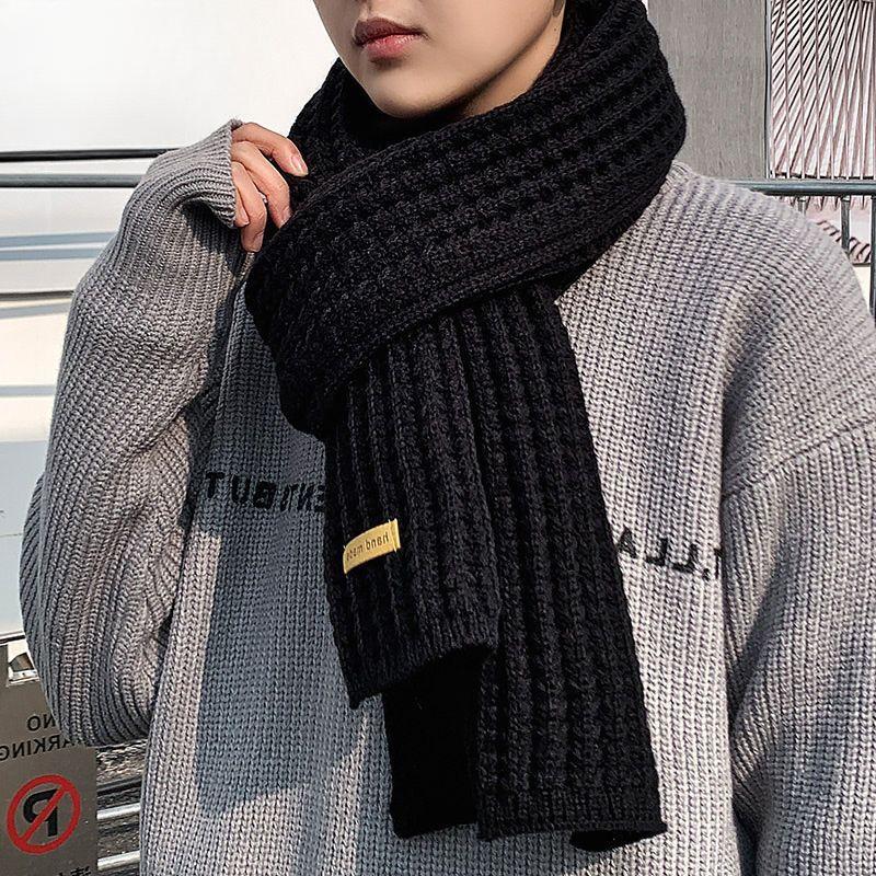 Versatile Men's Black Knitted Scarf Winter Korean Style Thickened Warm Autumn Winter Neck Warmer