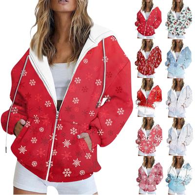 Женская мода повседневная рождественская печатная толстовка осень и зима длинный рукав с карманом кардиган куртка куртка с капюшоном пальто
