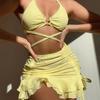 3Pcs/Set Women Swimsuit Solid Color Wave Texture Sexy Split Bikini with Drawstring Ruffle Trim Skirt Lace-up Beachwear