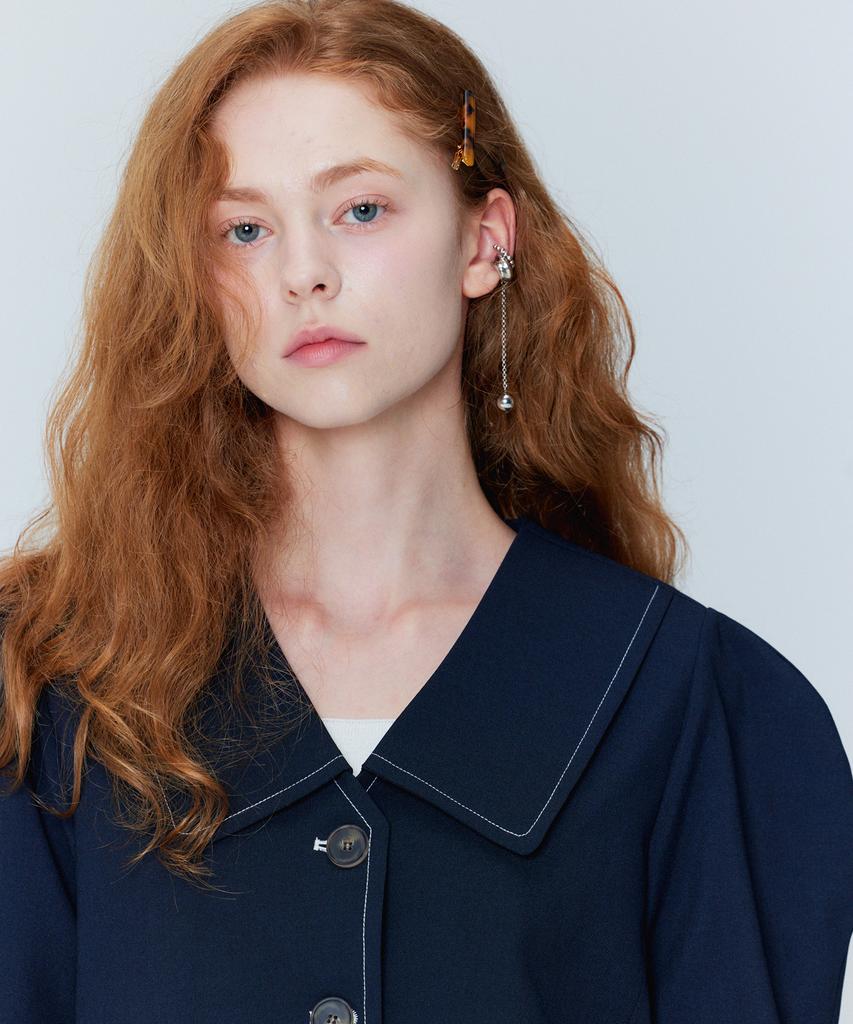 OPENING SUNSHINE Puff Sleeve Crop Jacket_Two-Pleat Wide Pants Set_Navy
