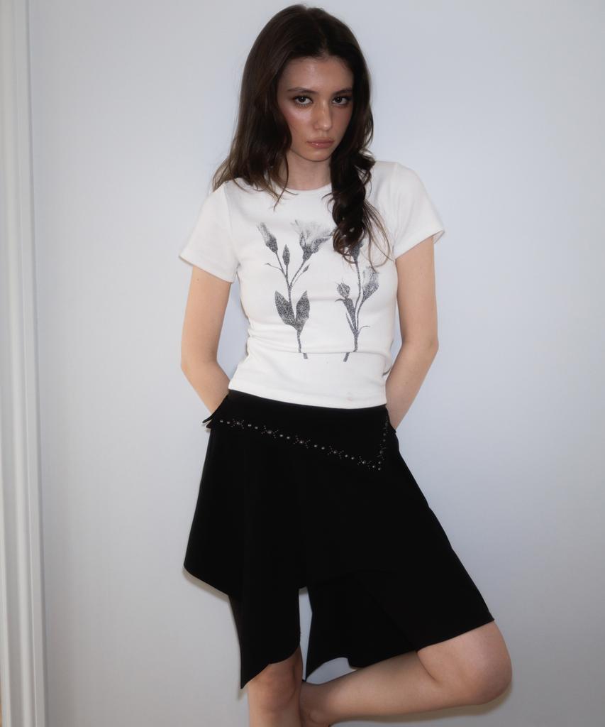 Rose Franz Stud Unbalance Flare Skirt [Black]