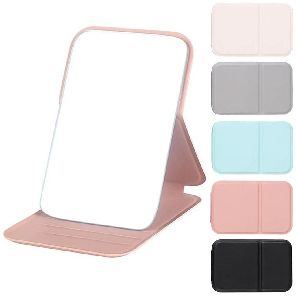 Desktop Makeup Mirror Solid Color Leather Simple Portable Handheld Makeup Mirror Foldable Student Compact Cute Pocket Mirror