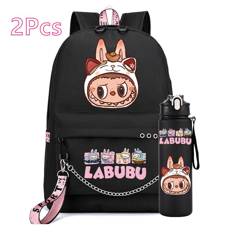 2Pcs/set Anime Printed Backpack Girl Schoolbag Teen Student Back To School Mochila Rucksack Child 750Ml Sport Water Bottle