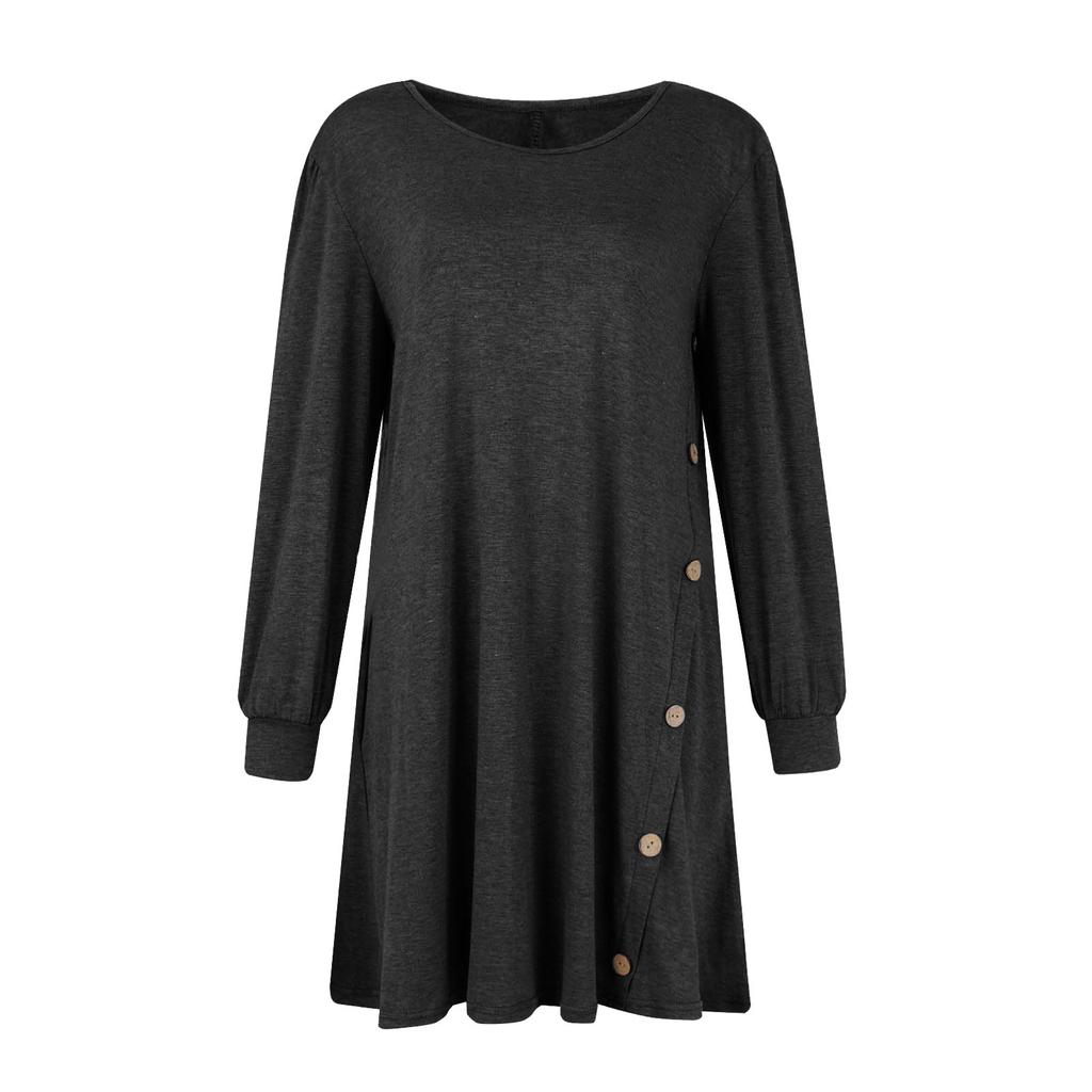 Модное женское повседневное свободное платье с круглым вырезом и пуговицами с длинным рукавом