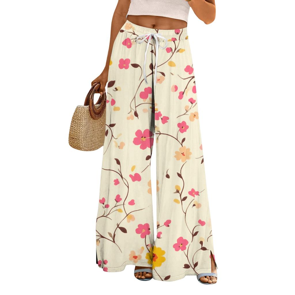 Женские брюки с принтом и широкими штанинами, с карманами, с высокой талией, на кулиске, свободные, повседневные
