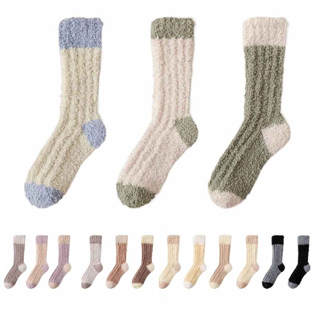 3Pairs Sleeping Coral Fleece Socks Winter Mid Tube Socks Women Solid Color Floor Plush Socks Autumn