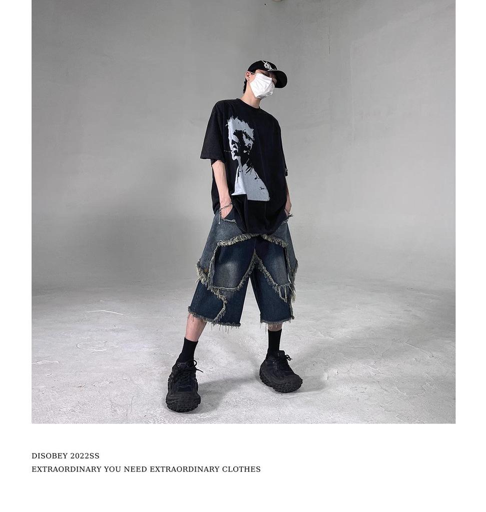 Мужские модные ретро-шорты из синего денима с необработанным краем — свободный крой, уличный стиль