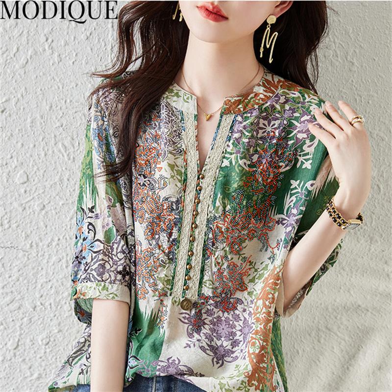 MODIQUE, летняя женская хлопковая блузка большого размера, шифоновые рубашки с цветочным принтом, летние пальто большого размера, пуловер с v-образным вырезом и короткими рукавами на пуговицах