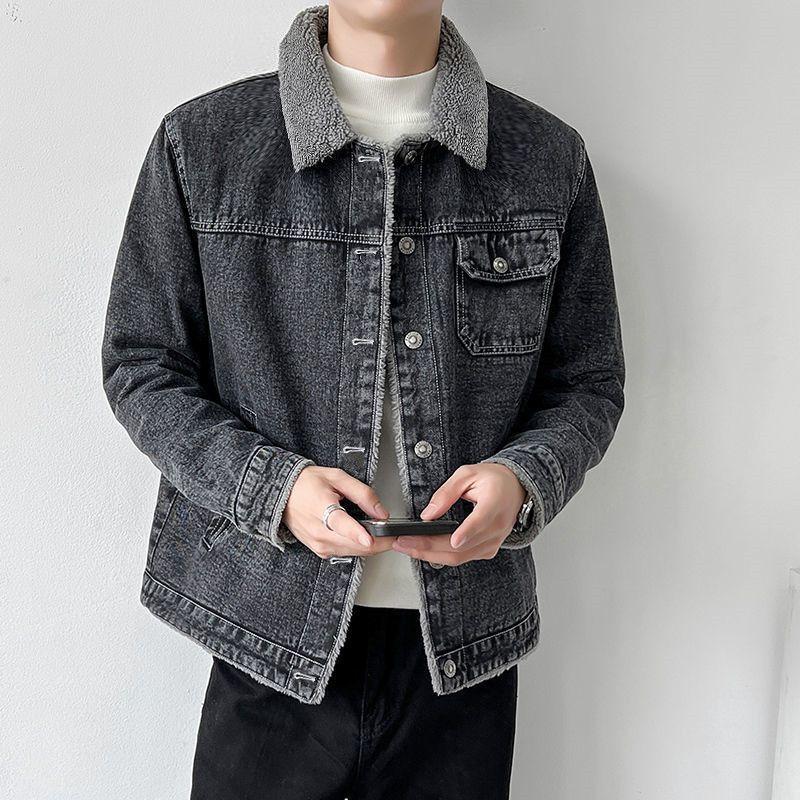 Джинсовая куртка мужская шерпа осень и зима плюс бархат утолщенная теплая хлопковая куртка свободная и красивая корейский стиль модная куртка для пары
