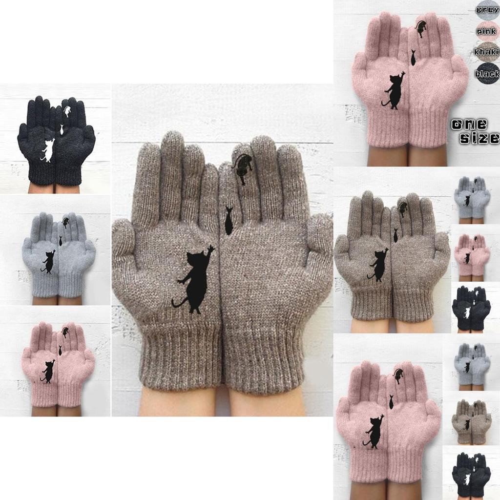 Женские модные вязаные перчатки с принтом кошки и рыбы, теплые варежки с полными пальцами